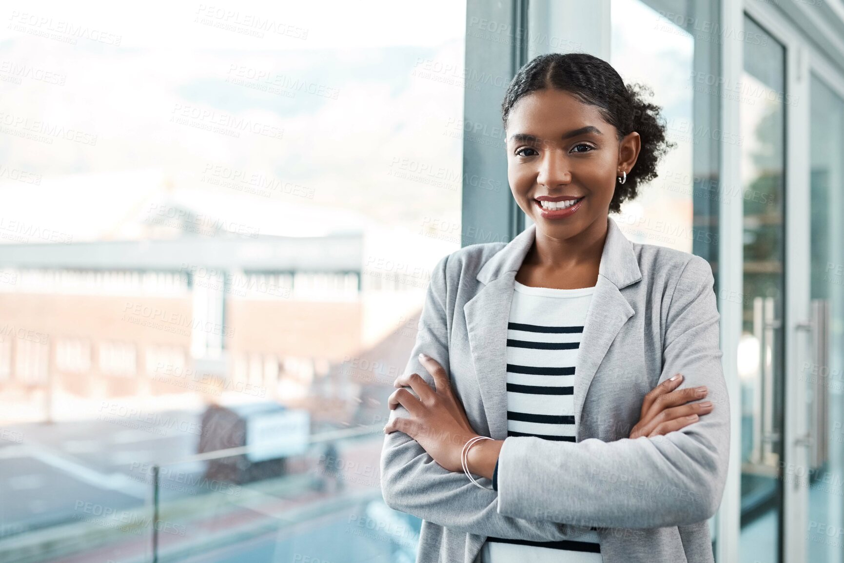 Buy stock photo Crossed arms, office and portrait of business black woman with confidence, company pride and startup ideas. Professional, window and person in workplace for career, job and working in creative agency
