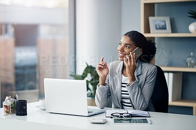 Buy stock photo Phone call, desk and business black woman in office for talking, networking and discussion. Corporate worker, professional and person on smartphone and laptop for planning, contact or communication