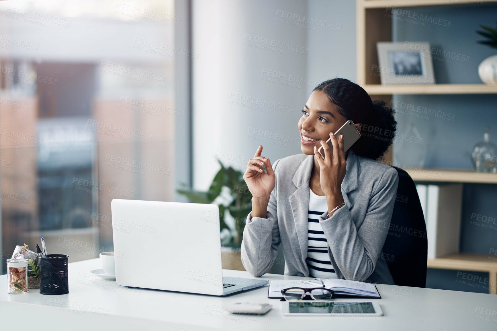 Buy stock photo Phone call, desk and business black woman in office for talking, networking and discussion. Corporate worker, professional and person on smartphone and laptop for planning, contact or communication