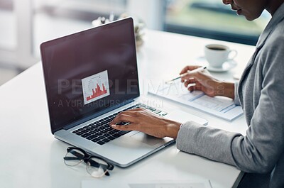 Buy stock photo Office, data and hands of woman at laptop for research, business analysis or online profit report at agency. Budget, planning and consultant at desk with computer, graph or financial risk management