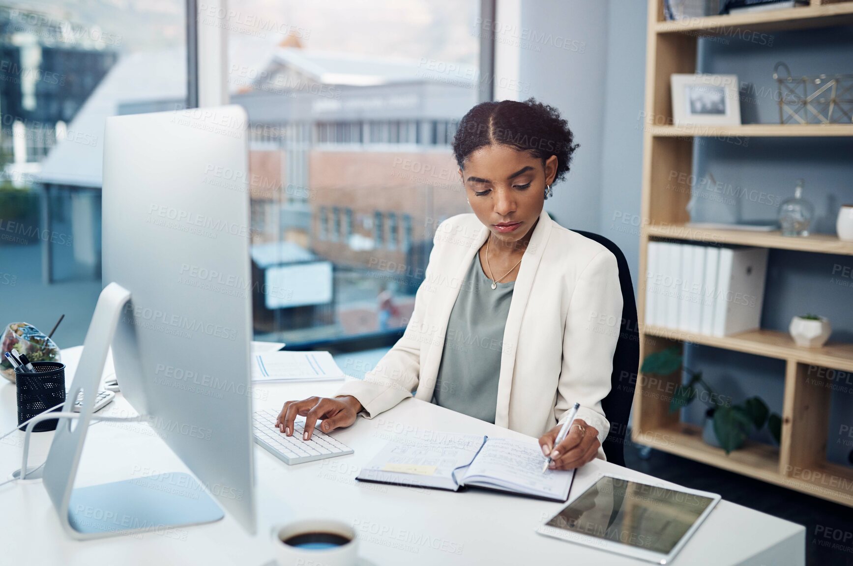 Buy stock photo Office, research and woman at computer for notes, business schedule or online profit report at agency. Budget, planning and consultant at desk with notebook, writing and financial risk management