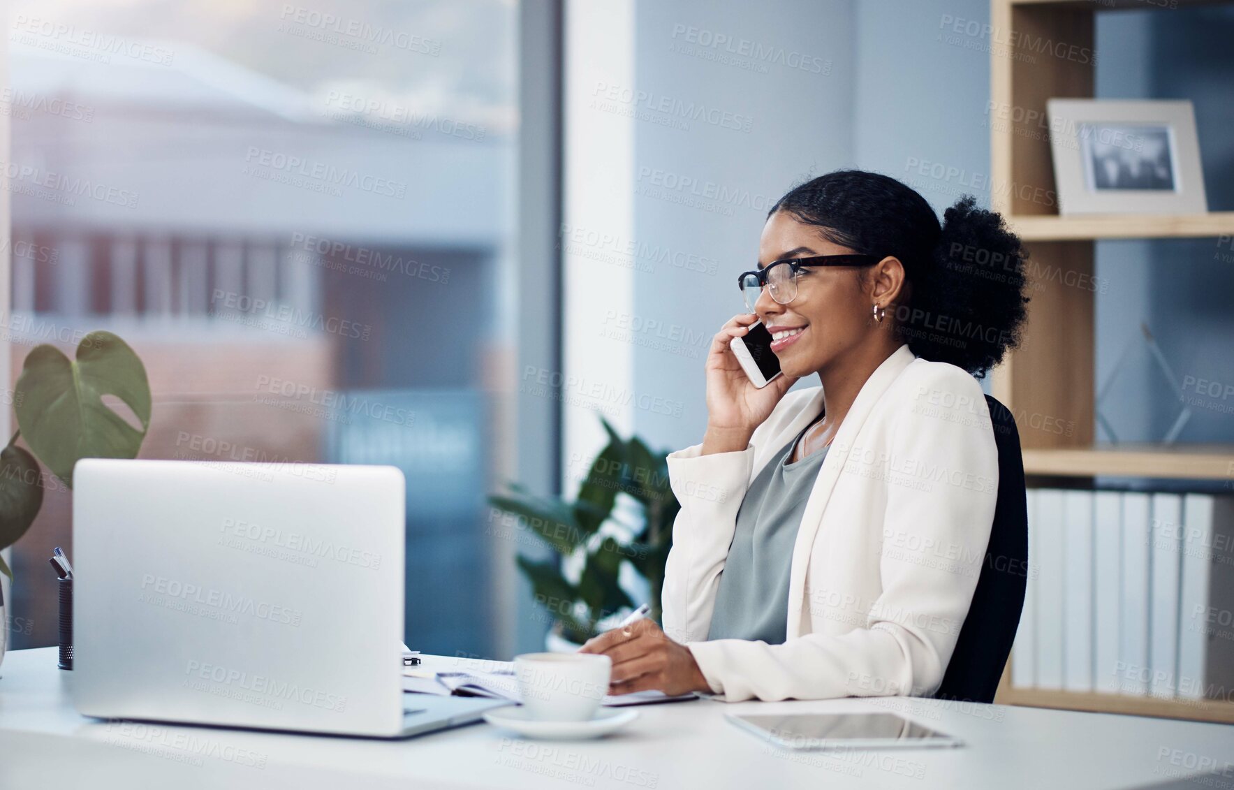 Buy stock photo Phone call, computer and business woman in office for online chat, networking and discussion. Corporate worker, professional and person on smartphone and laptop for planning, contact or communication