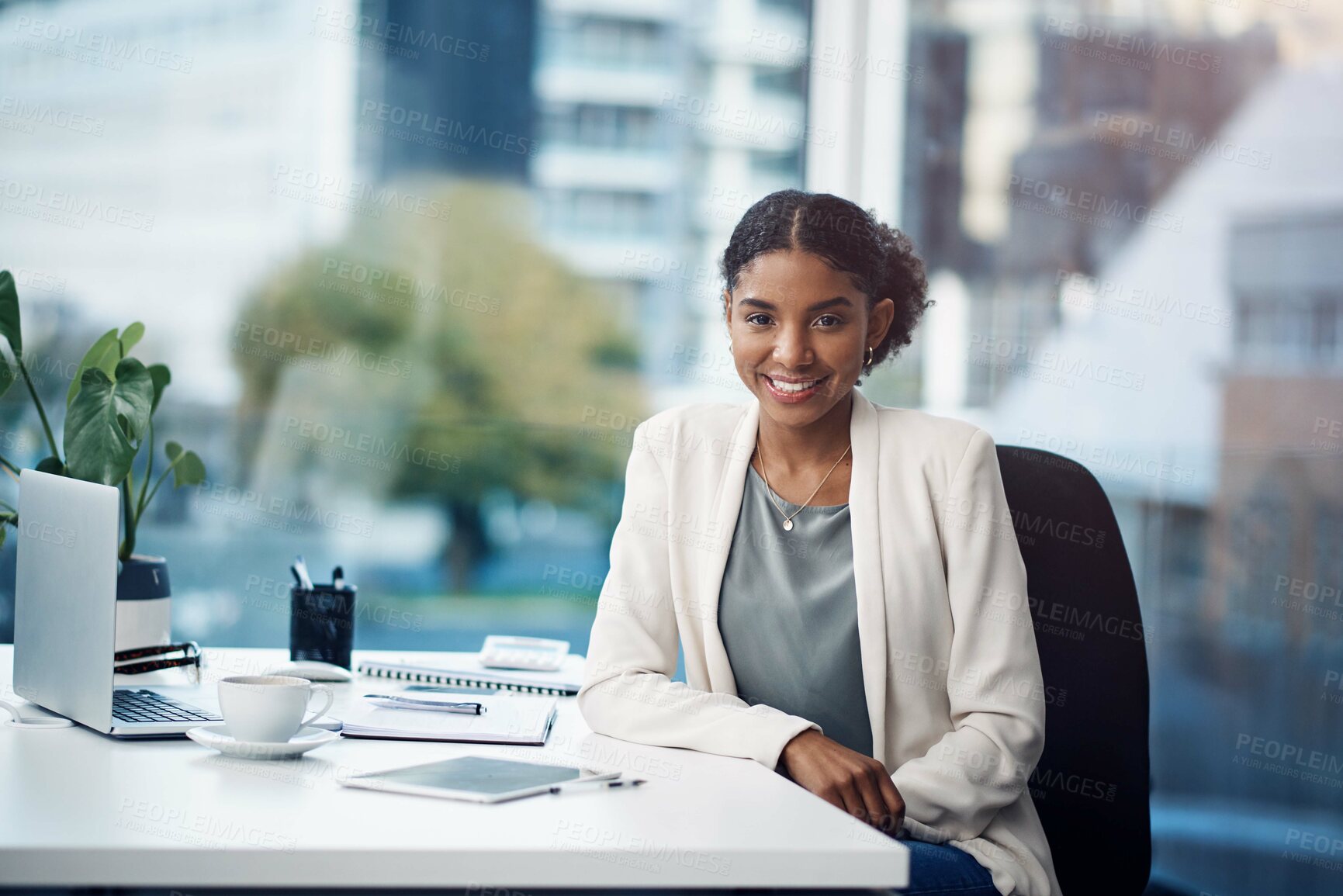 Buy stock photo Desk, laptop and portrait of business woman in office, working on online project, planning and research. Corporate worker, insurance consultant and person with computer for website, report and review