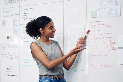 Buy stock photo Business woman, coaching and writing with whiteboard for brainstorming, meeting or presentation at office. Creative female person showing notes on board for staff training or workshop in startup