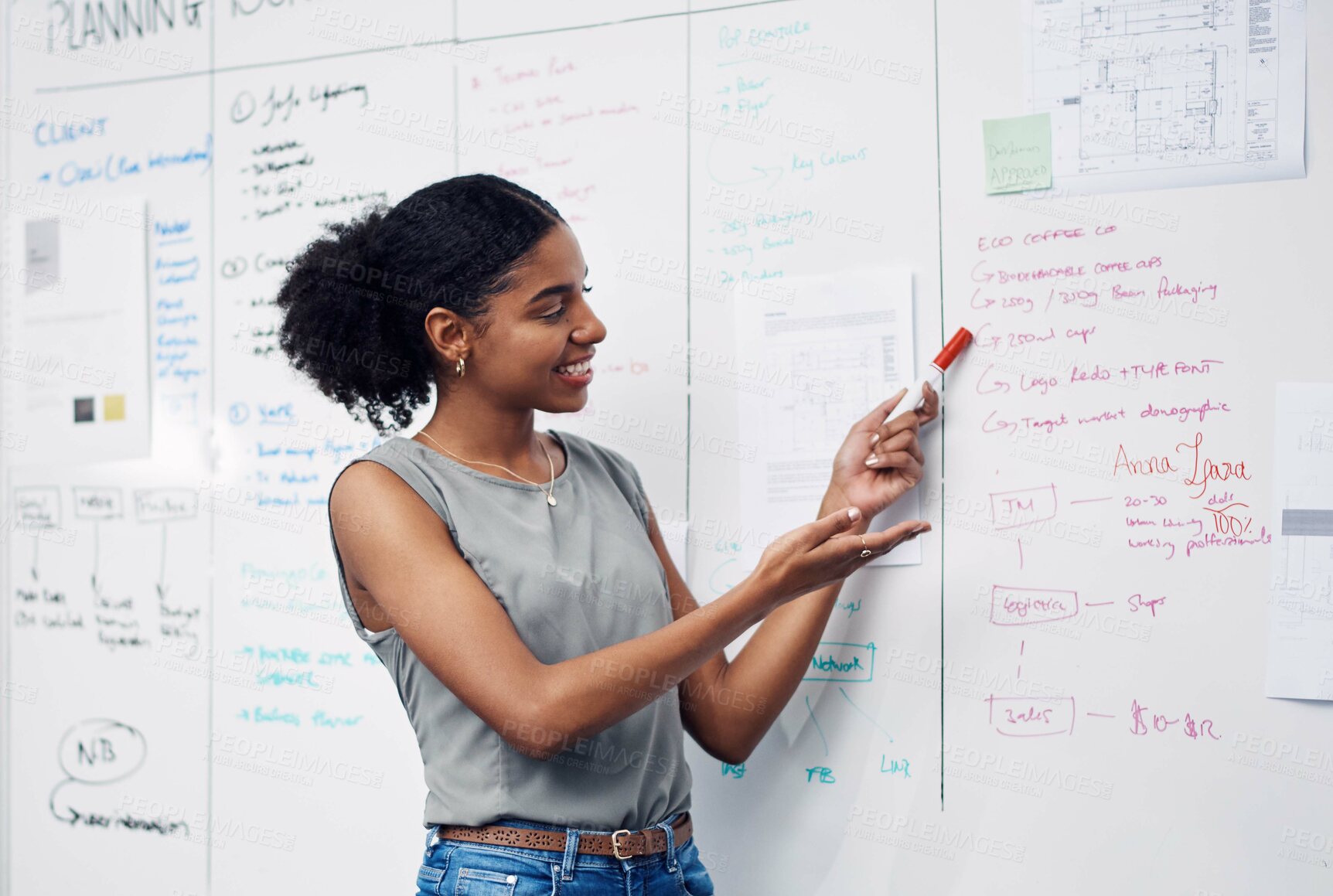 Buy stock photo Business woman, coaching and writing with whiteboard for brainstorming, meeting or presentation at office. Creative female person showing notes on board for staff training or workshop in startup