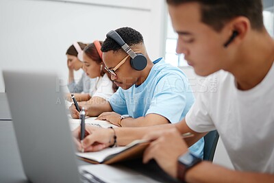 Buy stock photo Music, laptop and university student studying for exam with technology for online course information, research class. College people with headphones for elearning translation audio and writing notes