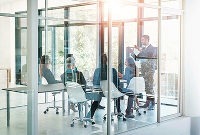 Buy stock photo Business man, presentation and team for development, kpi analysis and review with feedback in office. Corporate, meeting and project progress for workshop, planning and company growth with report