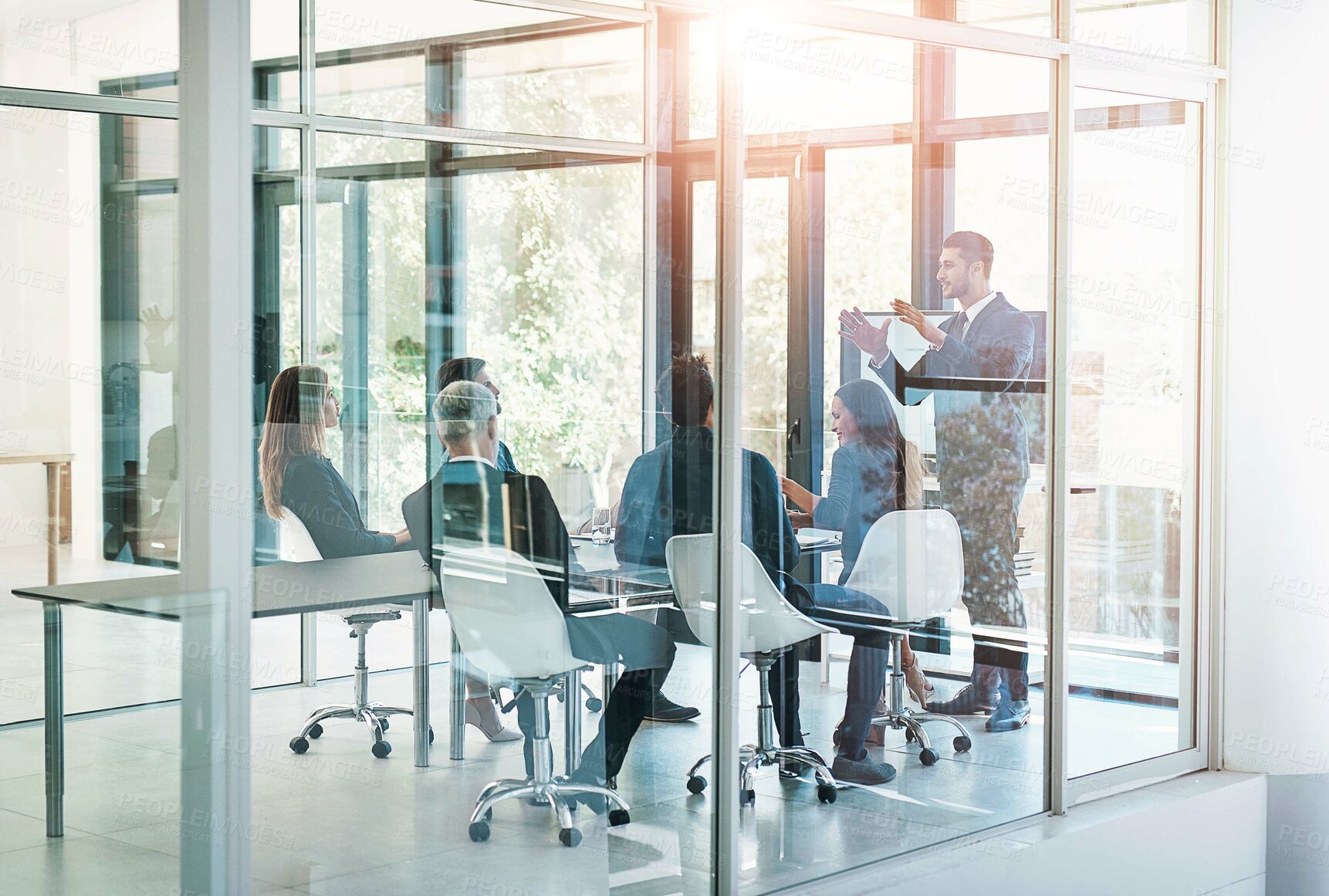 Buy stock photo Business man, presentation and team for development, kpi analysis and review with feedback in office. Corporate, meeting and project progress for workshop, planning and company growth with report