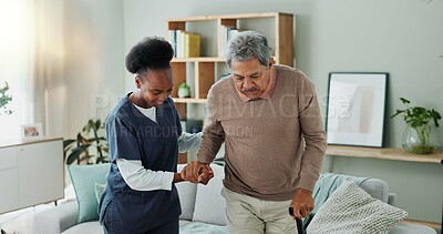 Buy stock photo Senior, man and caregiver with help or walking stick for mobility, injury healing and retirement support in nursing home. Elderly person, nurse and helpful with movement and medical care in homecare