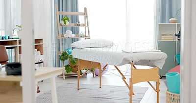 Buy stock photo Therapy room, empty and a bed for physiotherapy, hospital exam or healthcare test. Clinic bedroom, medicine and gear and tools in an chiropractic or orthopedic office for a consultation or check