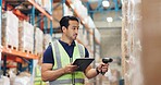 Logistics, distribution and man with tablet in warehouse for stock inspection, inventory check or freight shipping. Export, checklist and employee for delivery, supply chain or quality control