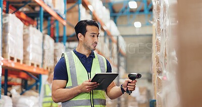 Buy stock photo Logistics, distribution and man with tablet in warehouse for stock inspection, inventory check or freight shipping. Export, checklist and employee for delivery, supply chain or quality control