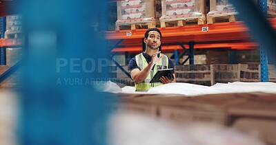 Buy stock photo Man, tablet and inventory or warehouse inspection of cargo for ecommerce shipping, factory or production. Distributor, online and logistics service in storehouse for package, courier or planning