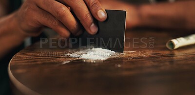 Buy stock photo Person, house and hand with cocaine, credit card and illegal substance with addiction. Overdose, habit and evening with closeup, habit or low energy with crime, drugs and health risk in living room