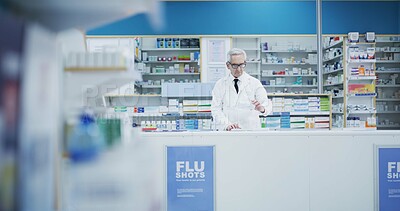 Buy stock photo Mature, pharmacist and man with pills on tablet for inventory check, online order and drugs dispensary. Medical, professional and medication box in pharmacy store for pharmaceutical stock checklist