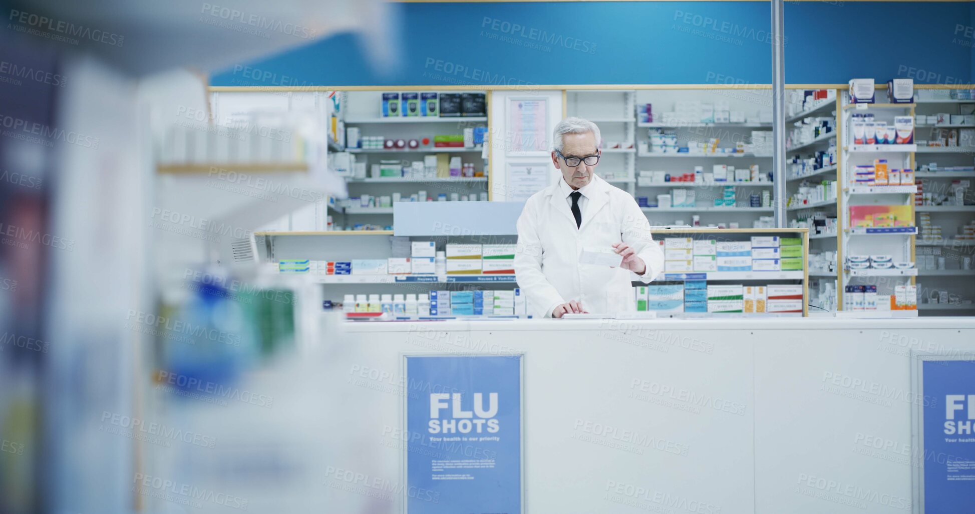 Buy stock photo Mature, pharmacist and man with pills on tablet for inventory check, online order and drugs dispensary. Medical, professional and medication box in pharmacy store for pharmaceutical stock checklist