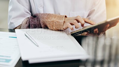 Buy stock photo Person, hands or scientist with tablet for research, study or medical discovery at laboratory. Japan, closeup or worker checking notes with technology or lab results for exam, test or clinic trial