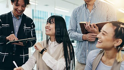 Buy stock photo Japanese people, business meeting and happiness with writing notes, collaboration or conversation in office. Group, teamwork and joke in brainstorming, discussion and project management as colleagues