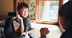 Japanese, children and play clapping game for motor skills, traditional activity and bonding together. Boy, girl and hands for culture fun, eye coordination and language development at house in Japan