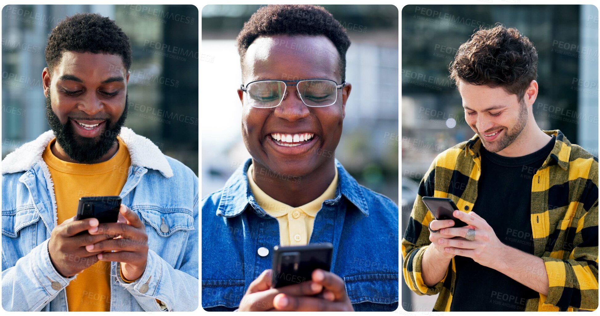 Buy stock photo Collage, phone and social media with people in city for communication, networking post and diversity. Technology, connection and digital world with group and mobile app for text message and contact