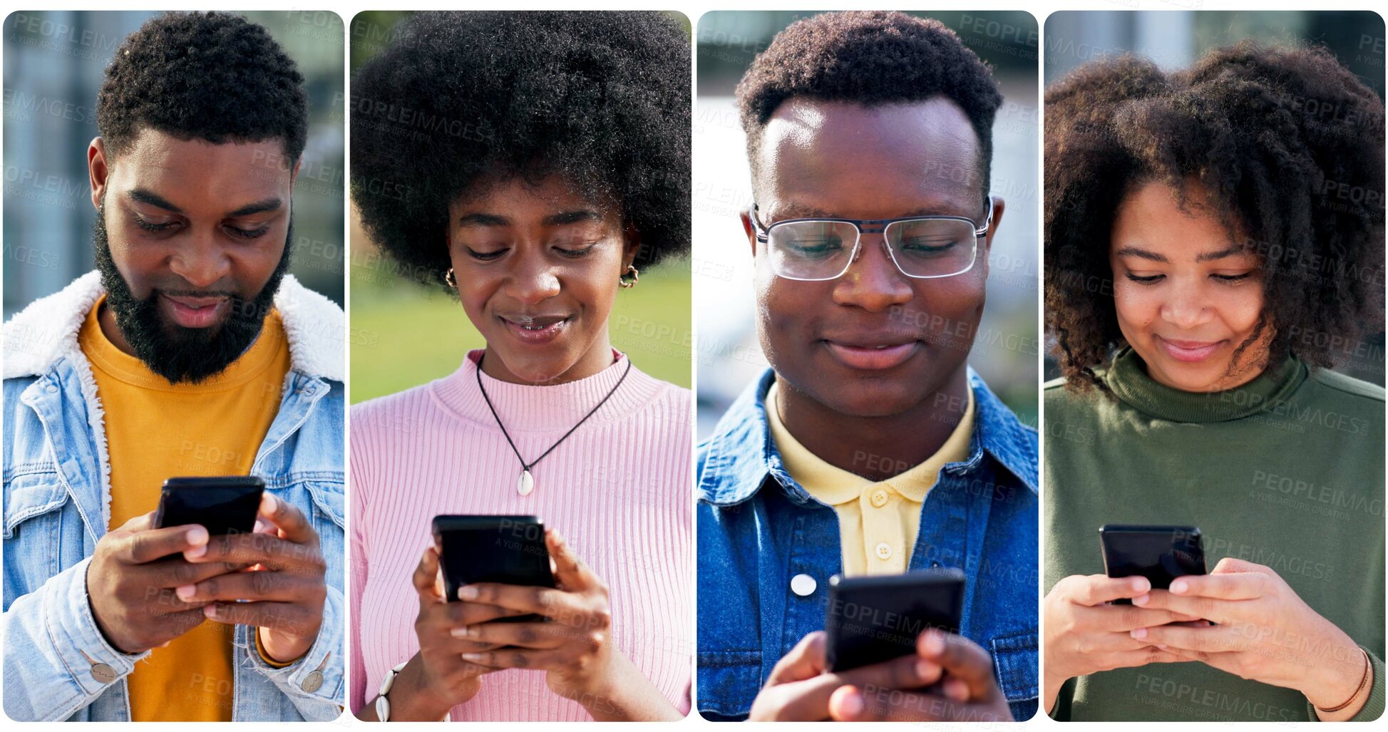 Buy stock photo Collage, phone and contact with people in city for social media, networking post and happy. Technology, connection and share link with group and mobile app for text message and communication