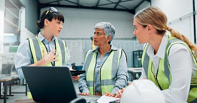 Buy stock photo Engineer women, teamwork and technology in warehouse for planning, discussion or communication. Female employees, collaboration and problem solving for robotics with software, ideas and factory