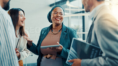 Buy stock photo Speaker, meeting and tablet with business woman in lobby for conference, planning and workshop. Seminar, expo project and feedback with people in convention center for collaboration and team