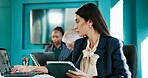 Tablet, laptop and businesswoman with meeting in office for finance proposal with online client. Technology, research and female financial manager with statistics for investment planning in workplace