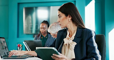 Buy stock photo Tablet, laptop and businesswoman with meeting in office for finance proposal with online client. Technology, research and female financial manager with statistics for investment planning in workplace