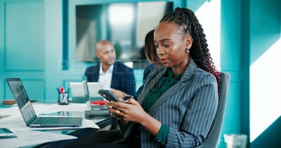 Buy stock photo Texting, coworking or businesswoman in office with phone, online research or economy website. Meeting, check or financial advisor in workplace with mobile for message, finance report or news update