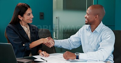 Buy stock photo Smile, business people and shaking hands in office for hiring, contract deal and interview. Agreement, team and handshake with manager for onboarding, recruitment or collaboration for job negotiation