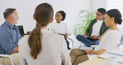 Buy stock photo Group, business and meeting with people in office for discussion, planning and article feedback. Staff, journalist and manager speaking for teamwork, interview questions and publication information