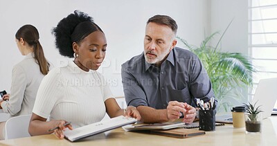 Buy stock photo Document, business people and discussion in meeting to review brand proposal with mentor. Paperwork, planning and creative team in office for logo, help and training with graphic design intern