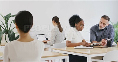 Buy stock photo Tablet, business people and discussion in meeting to review brand proposal with mentor. Technology, planning and creative team in office for logo, help and training with graphic design intern