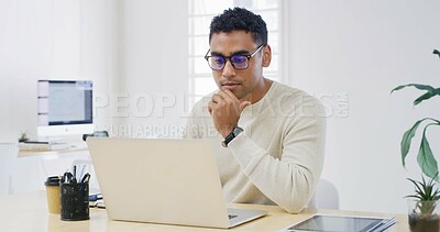 Buy stock photo Laptop, thinking and reading with business man in office for project checklist, event manager and reflection. Program schedule, planning and email guest list with person in agency for vision and idea