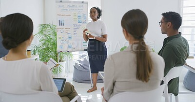 Buy stock photo Business woman, discussion or sticky notes in presentation for startup strategy, ESG and stats. Sustainable finance manager, team and meeting with graph for brand communication or performance metrics