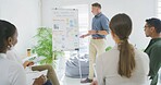 Business man, team and whiteboard in workshop for startup performance, sales strategy or action plan. Sustainable finance manager, people and meeting with chart for KPI stats and brand communication