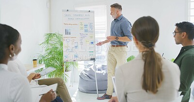 Buy stock photo Business man, team and whiteboard in workshop for startup performance, sales strategy or action plan. Sustainable finance manager, people and meeting with chart for KPI stats and brand communication