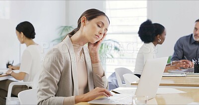Buy stock photo Brain fog, burnout and laptop with business woman in coworking office for workload fatigue. Computer, deadline and tired with exhausted employee at desk in workplace for company or job pressure
