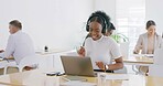 Success, laptop and headphones with business woman in office for learning, webinar and demo walkthrough. Policy training, online orientation or bonus with person in agency for professional upskill