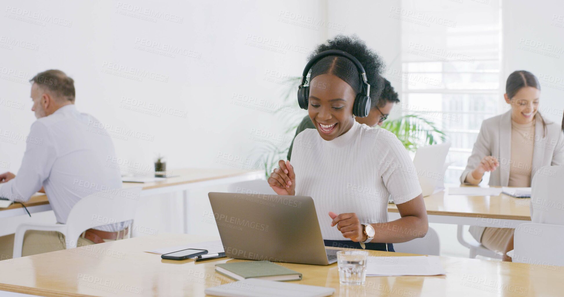 Buy stock photo Success, laptop and headphones with business woman in office for learning, webinar and demo walkthrough. Policy training, online orientation or bonus with person in agency for professional upskill