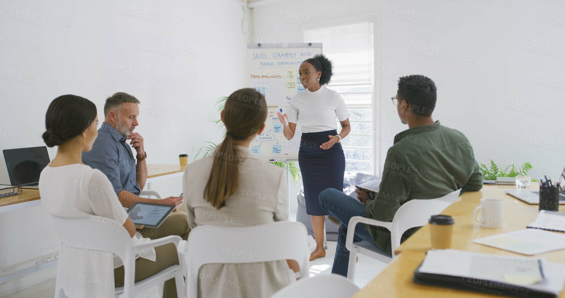 Buy stock photo Business woman, team and whiteboard in presentation for eco friendly startup, sales strategy or stats. Sustainable finance manager, group and workshop with data for ESG metrics or brand communication