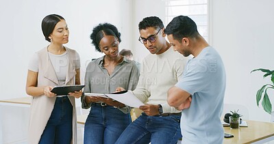 Buy stock photo Business, teamwork and people with planning, creativity and online magazine with discussion. Copywriting, brainstorming and employees with review, journalist and research for news report and ideas