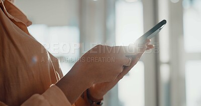 Buy stock photo Phone, office and hands of business woman online for social media, internet news and browse website. Corporate, worker and person on smartphone for research, connection and email communication