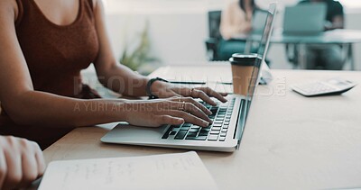 Buy stock photo Hands, business and person with laptop in office for research, finance report and review budget. Woman, typing and pc for financial planning, bookkeeping information and coworking for startup funding