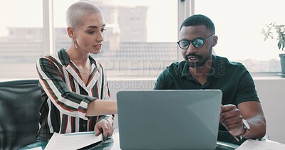 Buy stock photo Business, people and explain with laptop in office for planning, finance report and budget review. Staff, document and PC for teamwork, financial comparison and reading proposal of investment company