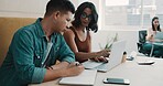 Business people, laptop and teamwork in office for training, feedback and problem solving. Administration, manager and writing notes in agency for help, advice and assistance with learning software