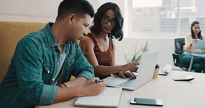 Buy stock photo Business people, laptop and teamwork in office for training, feedback and problem solving. Administration, manager and writing notes in agency for help, advice and assistance with learning software