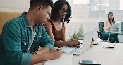 Buy stock photo Business people, laptop and teamwork in office for proposal, training and problem solving. Administration, manager and writing notes in agency for help, advice and assistance with learning software