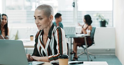 Buy stock photo Creative, office and business woman on computer for online project, research and SEO analytics. Professional, startup and person on laptop for website info, feedback and planning in coworking space
